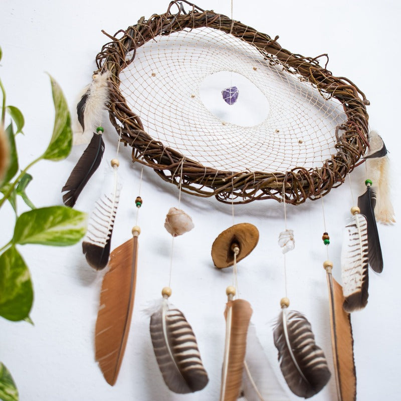 Handmade White & Bone Dream Catcher with Amethyst, Crystal Quartz and White Quartz, Calming Wall Art, Unique Holiday Spiritual Gift