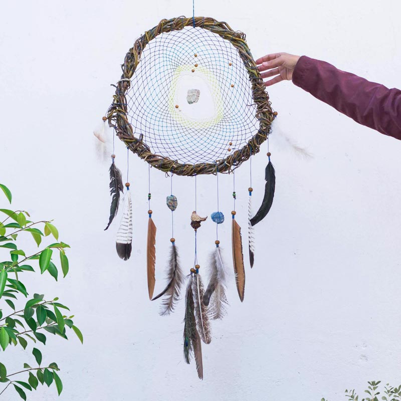 Dreamcatcher Blue-Green with Raw Anxiety Gemstones - Ideal for Armchairs