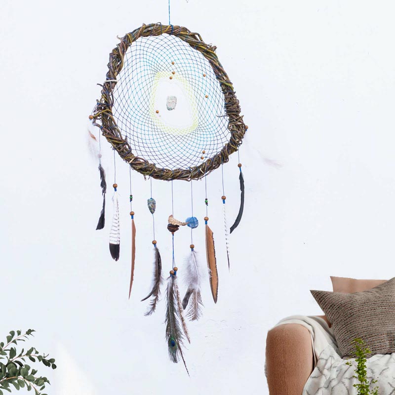 Dreamcatcher Blue-Green with Raw Anxiety Gemstones - Ideal for Armchairs