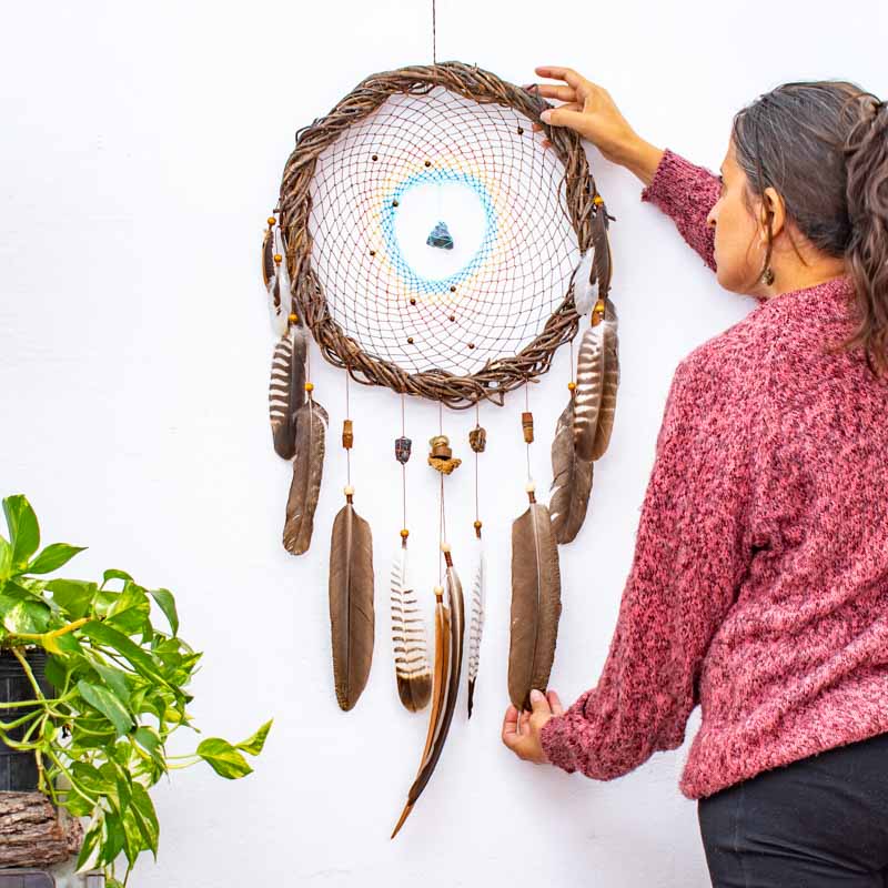 Handmade Earth-Tone Dreamcatcher with Turquoise – 3 Sizes, 3 Healing Crystals & Semi-Precious Stones for Protection and Nightmares Relief