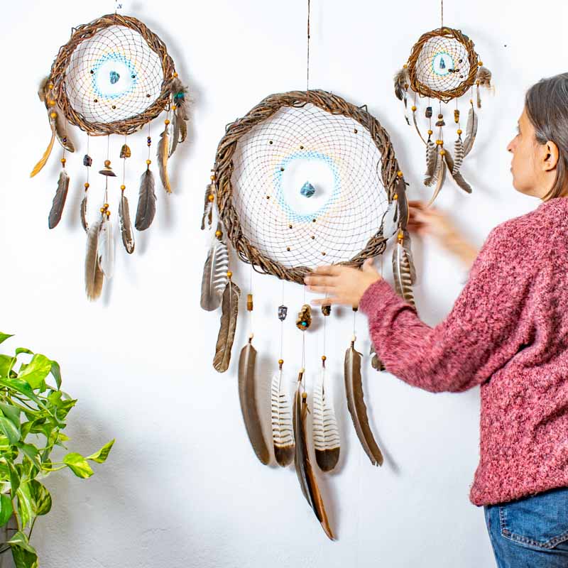 Handmade Earth-Tone Dreamcatcher with Turquoise – 3 Sizes, 3 Healing Crystals & Semi-Precious Stones for Protection and Nightmares Relief