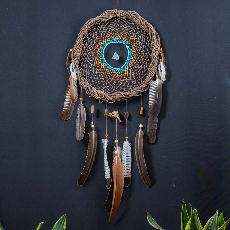 Handmade Earth-Tone Dreamcatcher with Turquoise – 3 Sizes, 3 Healing Crystals & Semi-Precious Stones for Protection and Nightmares Relief