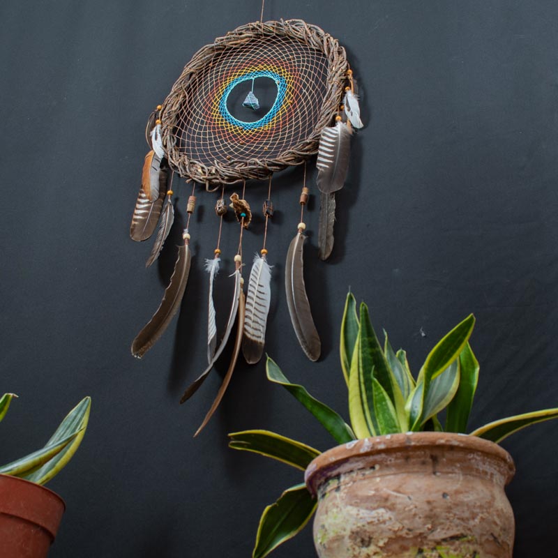 Handmade Earth-Tone Dreamcatcher with Turquoise – 3 Sizes, 3 Healing Crystals & Semi-Precious Stones for Protection and Nightmares Relief