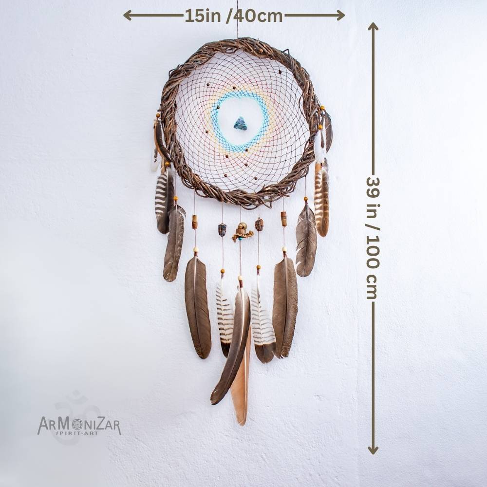 Handmade Earth-Tone Dreamcatcher with Turquoise – 3 Sizes, 3 Healing Crystals & Semi-Precious Stones for Protection and Nightmares Relief