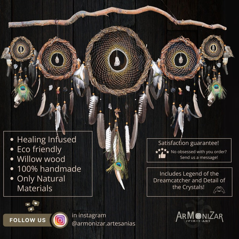 Custom Dreamcatcher Set of 5 – Wall Hanging Shamanic Art with Peacock Feathers, Gemstone Choice, Native American Inspired Decor