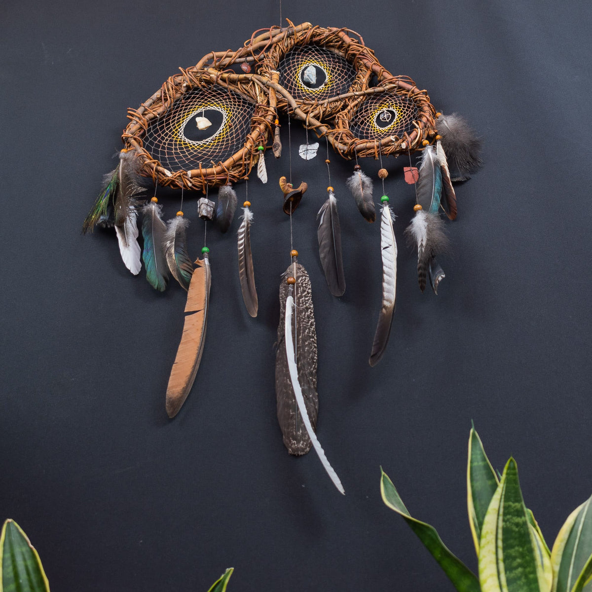 Exclusive 3D Dreamcatcher with Wood Structure, Semi-Precious Stones, Unique Feathers, and Handcrafted Adornments for Energy Cleansing