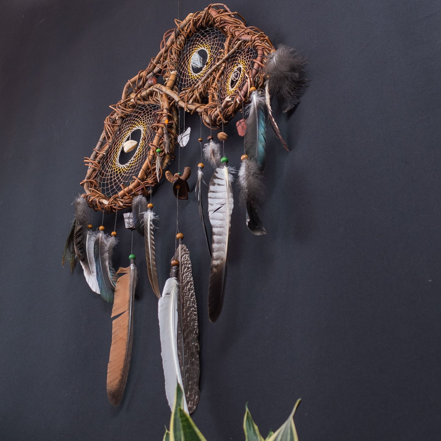 Exclusive 3D Dreamcatcher with Wood Structure, Semi-Precious Stones, Unique Feathers, and Handcrafted Adornments for Energy Cleansing