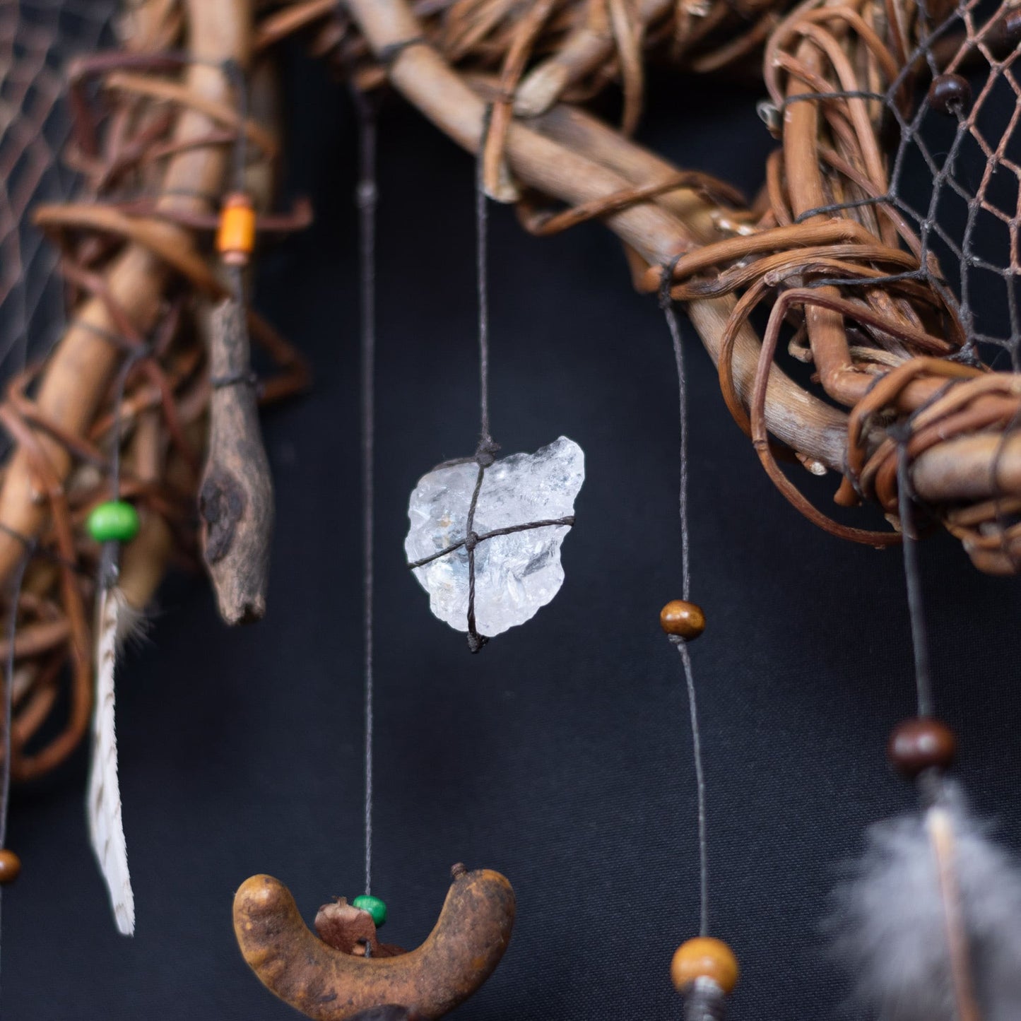 Exclusive 3D Dreamcatcher with Wood Structure, Semi-Precious Stones, Unique Feathers, and Handcrafted Adornments for Energy Cleansing