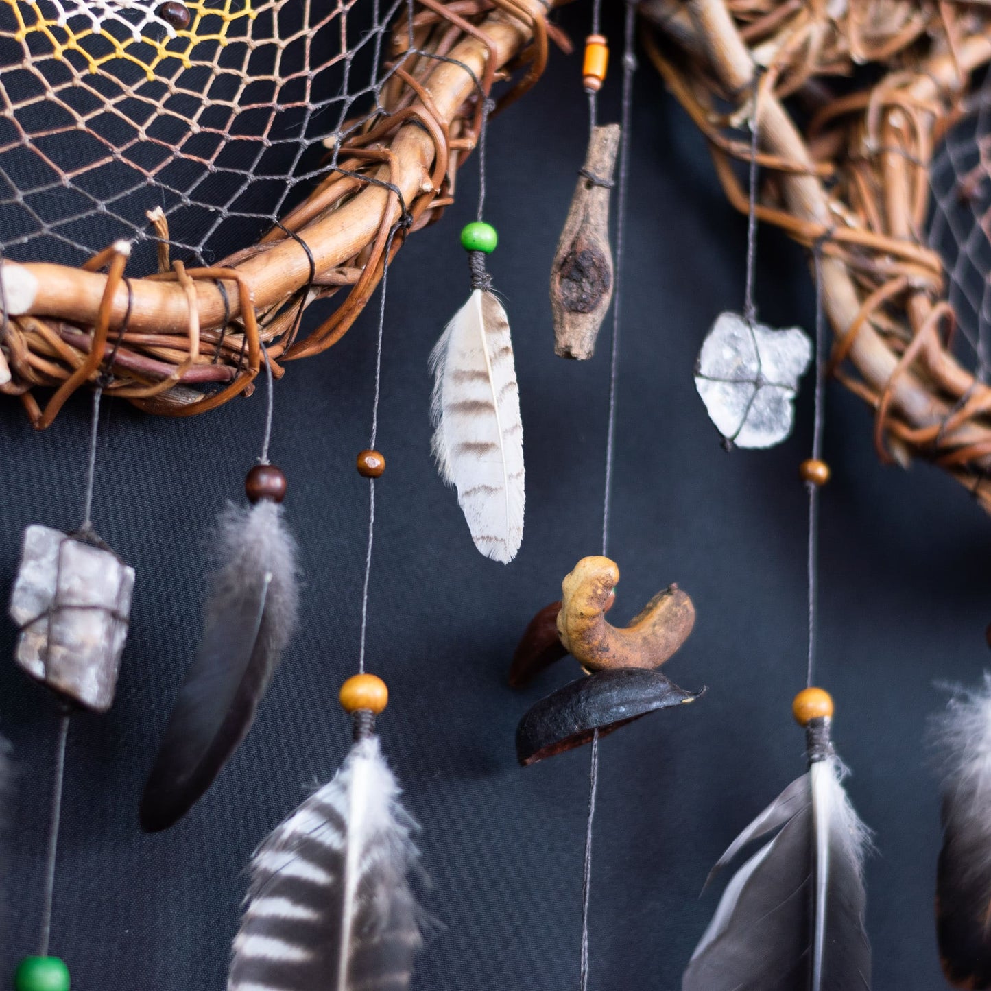 Exclusive 3D Dreamcatcher with Wood Structure, Semi-Precious Stones, Unique Feathers, and Handcrafted Adornments for Energy Cleansing