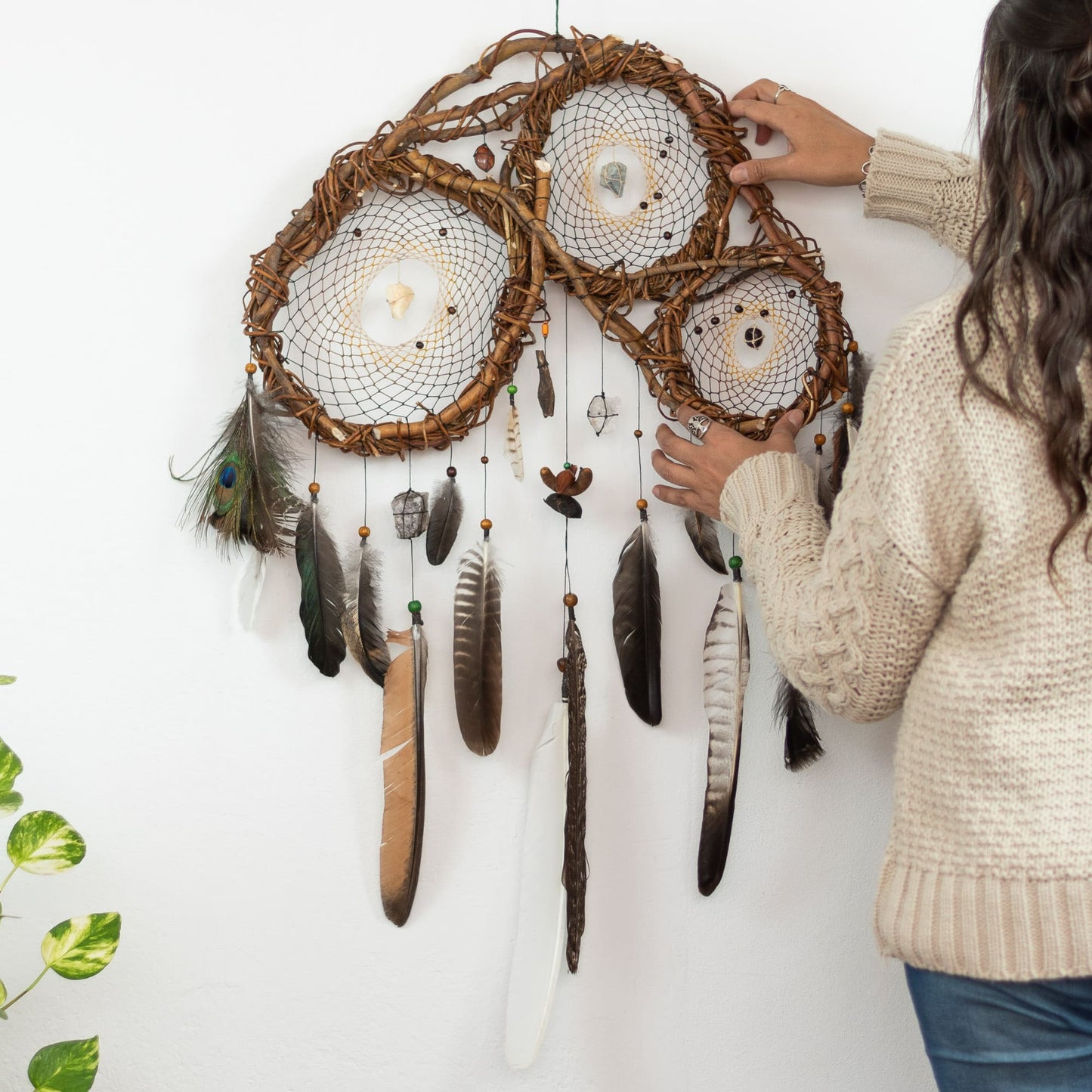 Exclusive 3D Dreamcatcher with Wood Structure, Semi-Precious Stones, Unique Feathers, and Handcrafted Adornments for Energy Cleansing