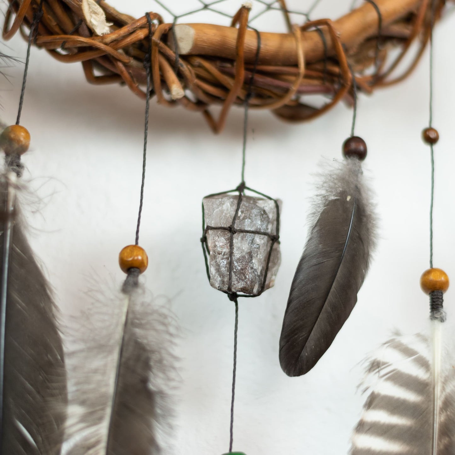 Exclusive 3D Dreamcatcher with Wood Structure, Semi-Precious Stones, Unique Feathers, and Handcrafted Adornments for Energy Cleansing