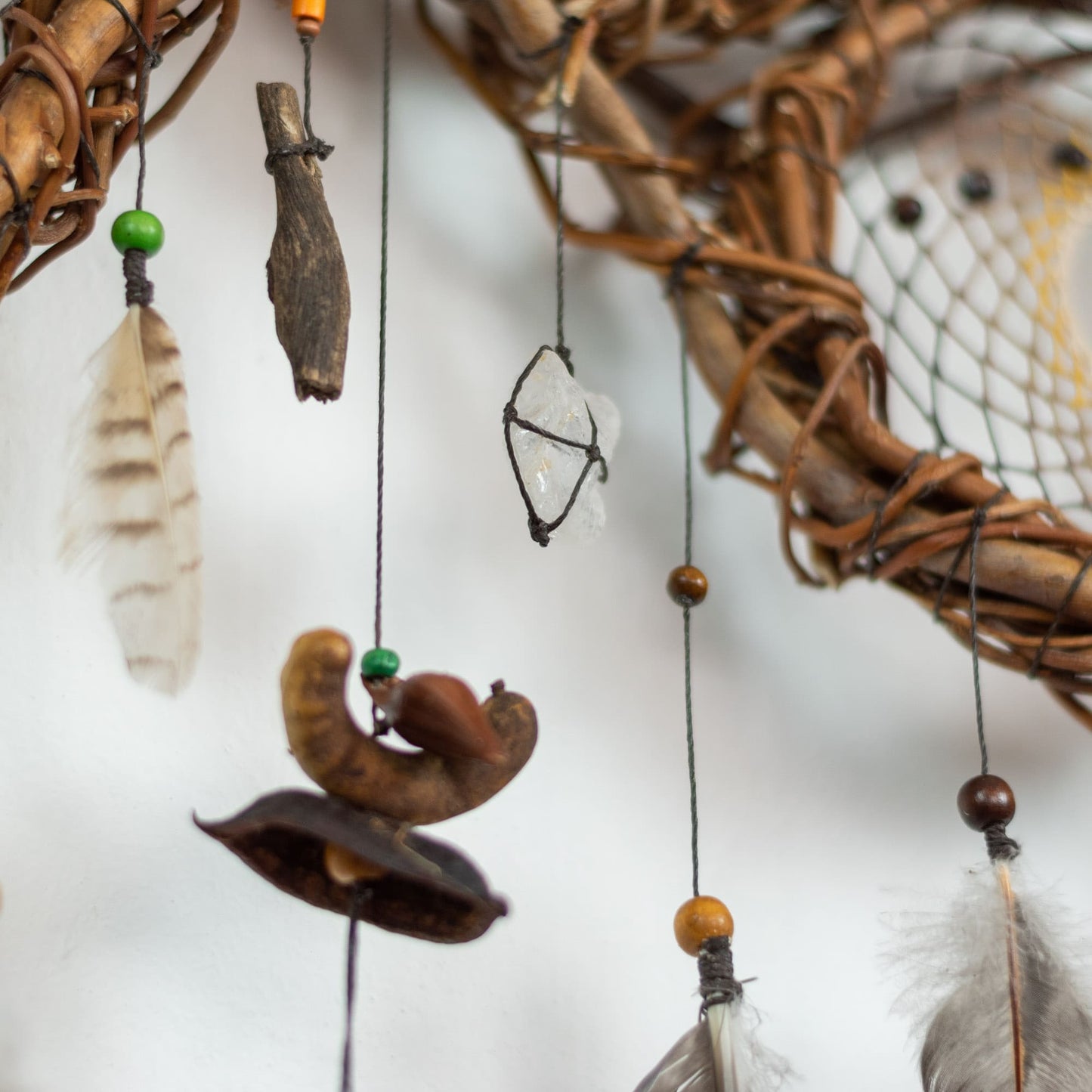 Exclusive 3D Dreamcatcher with Wood Structure, Semi-Precious Stones, Unique Feathers, and Handcrafted Adornments for Energy Cleansing