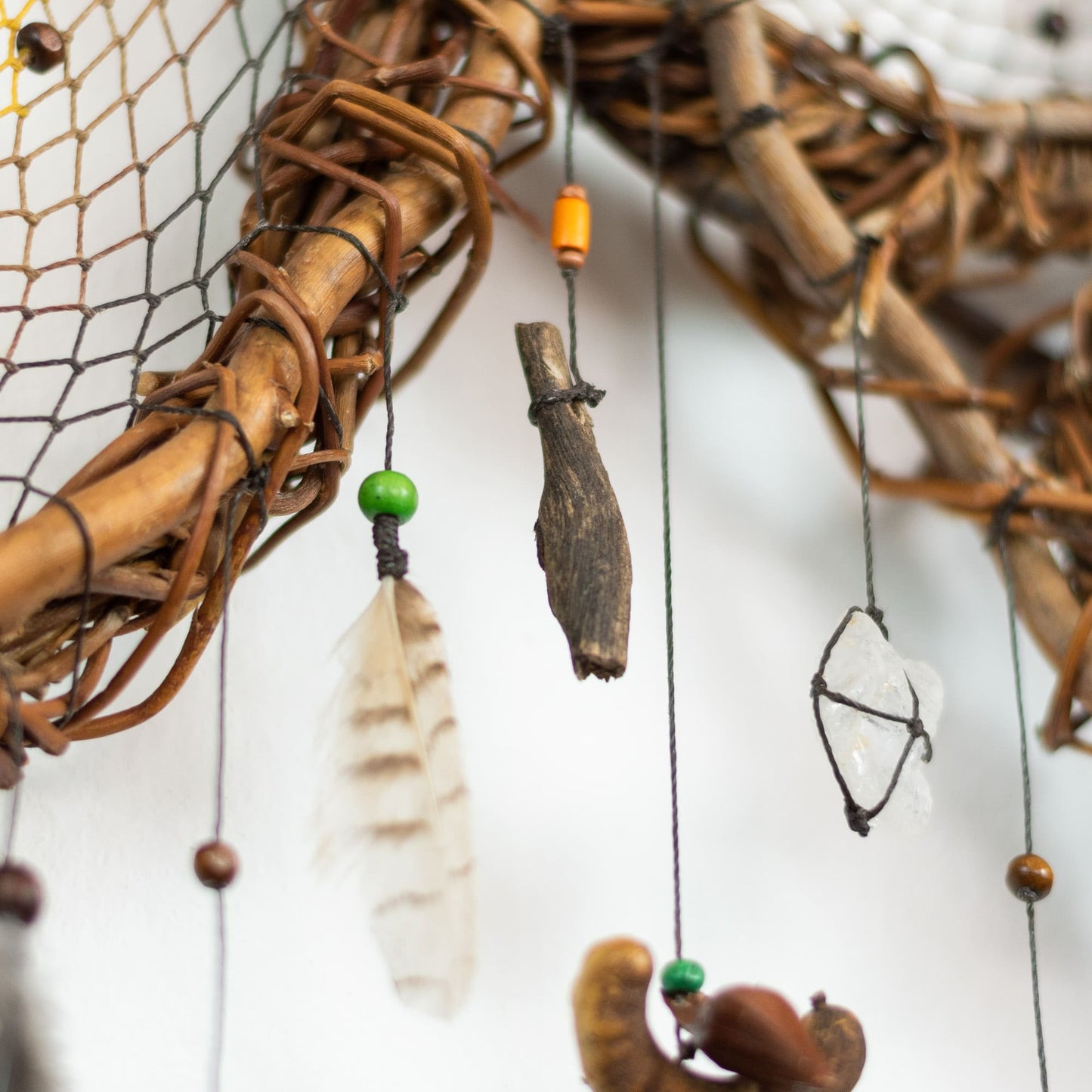 Exclusive 3D Dreamcatcher with Wood Structure, Semi-Precious Stones, Unique Feathers, and Handcrafted Adornments for Energy Cleansing