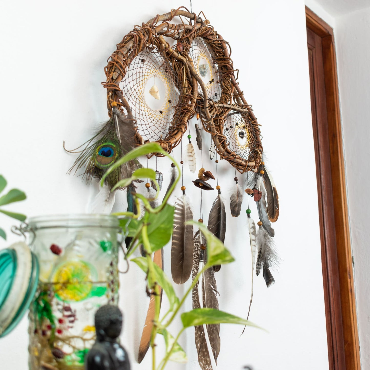 Exclusive 3D Dreamcatcher with Wood Structure, Semi-Precious Stones, Unique Feathers, and Handcrafted Adornments for Energy Cleansing