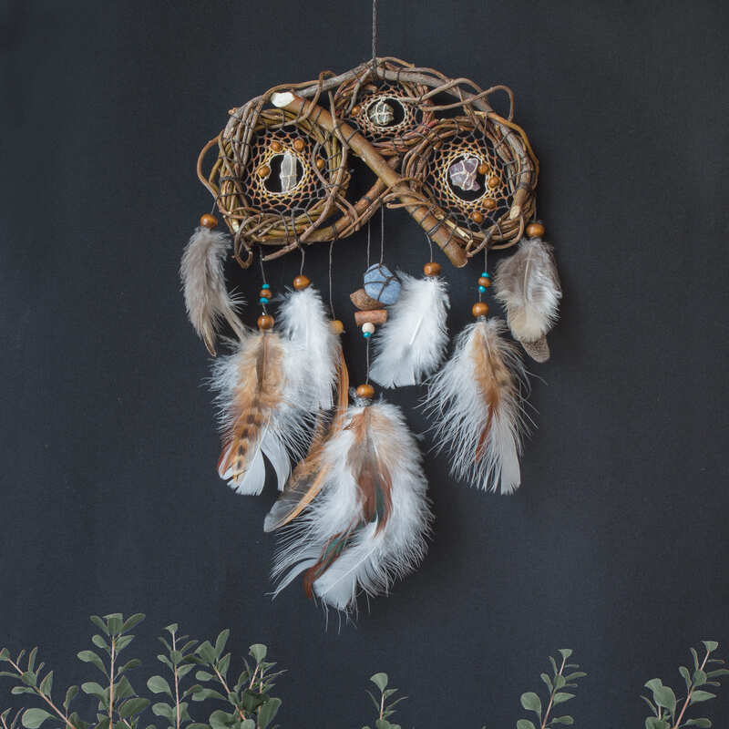 Handcrafted Traditional Native Style Dreamcatcher Set with Custom Healing Crystal