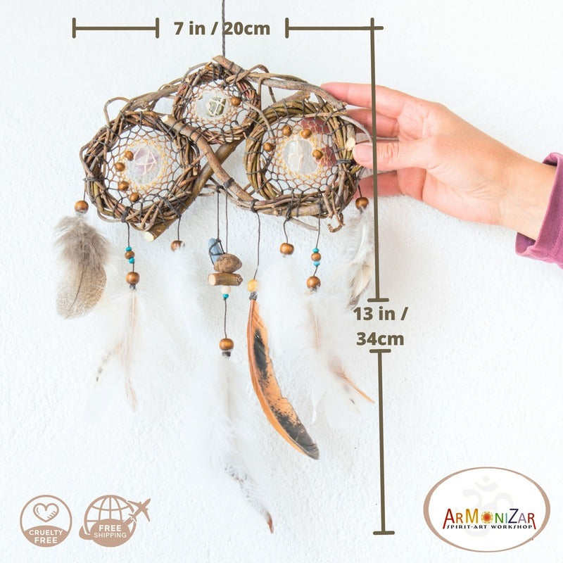 Handmade home decor real dream catcher, Wood dream catcher handmade set of 3, Wooden crystal dream catchers wall decor bedroom above bed