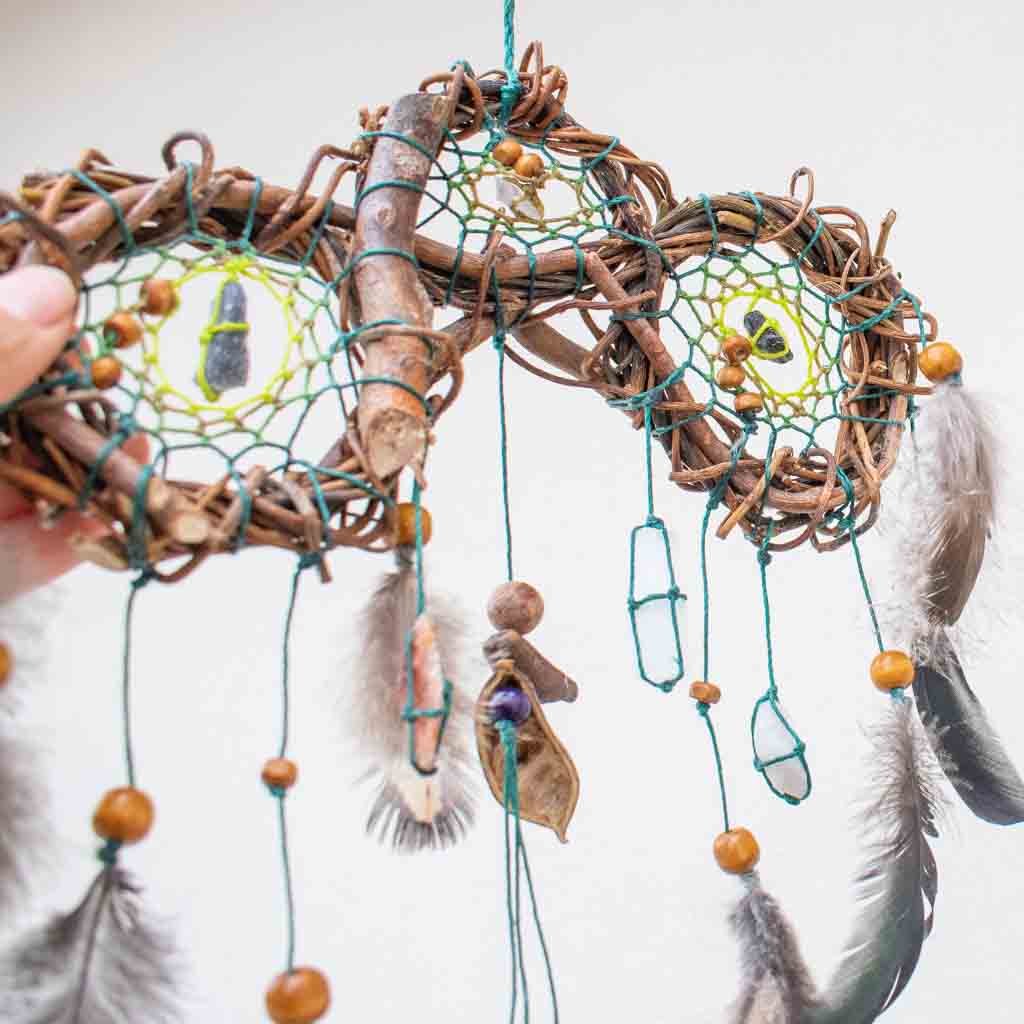 Authentic Dream Catcher with Healing Crystals - Handmade Boho Car Charm - Forest Green Tourmaline & Selenite - 8 inch Spiritual Decor