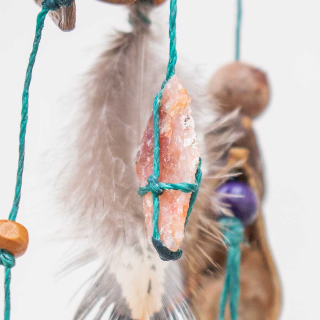 Authentic Dream Catcher with Healing Crystals - Handmade Boho Car Charm - Forest Green Tourmaline & Selenite - 8 inch Spiritual Decor