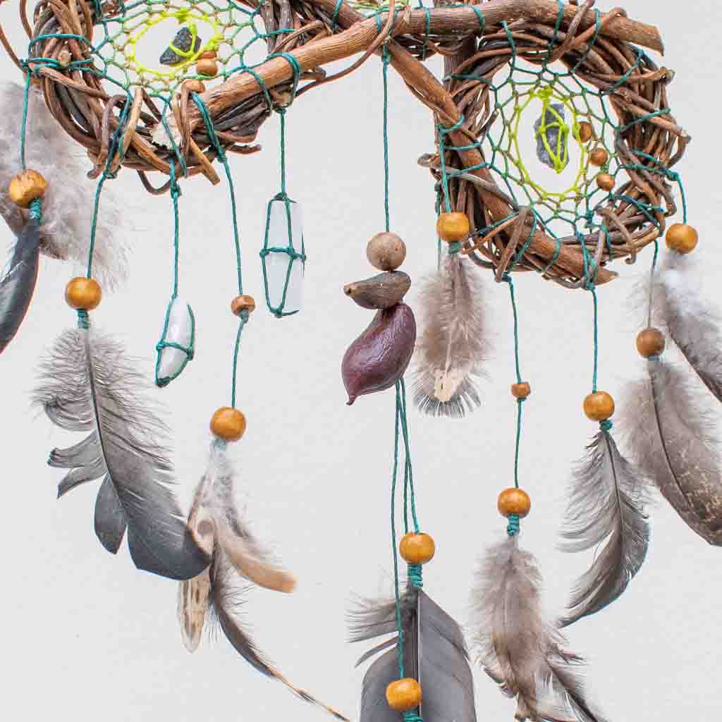Authentic Dream Catcher with Healing Crystals - Handmade Boho Car Charm - Forest Green Tourmaline & Selenite - 8 inch Spiritual Decor
