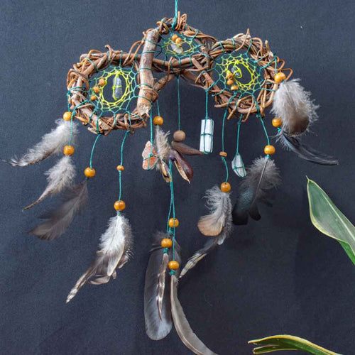 Authentic Dream Catcher with Healing Crystals - Handmade Boho Car Charm - Forest Green Tourmaline & Selenite - 8 inch Spiritual Decor