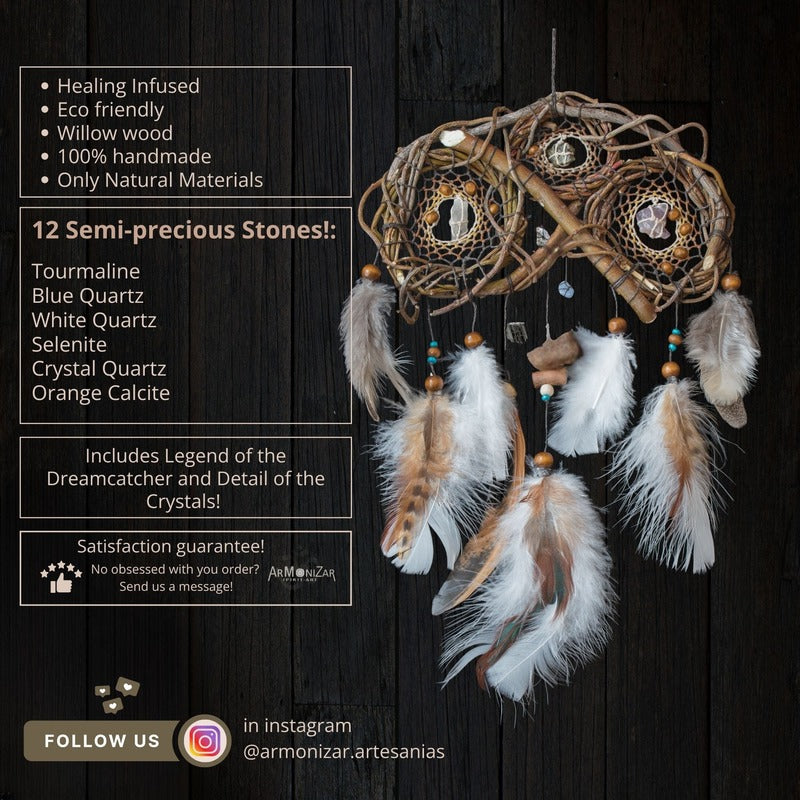 Authentic Dream Catcher with Healing Crystals - Handmade Boho Car Charm - Forest Green Tourmaline & Selenite - 8 inch Spiritual Decor