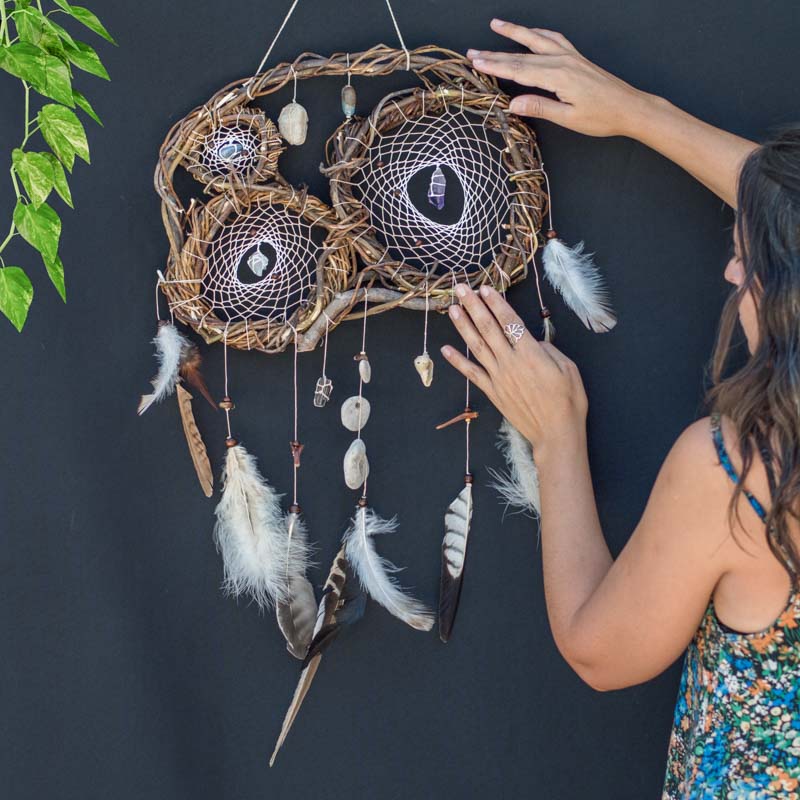 Hag stones dreamcatcher Crystal wall art, Protection crystal Dream catchers for bedroom, Authentic healing stones, Earthy wall art gift - ArMoniZar