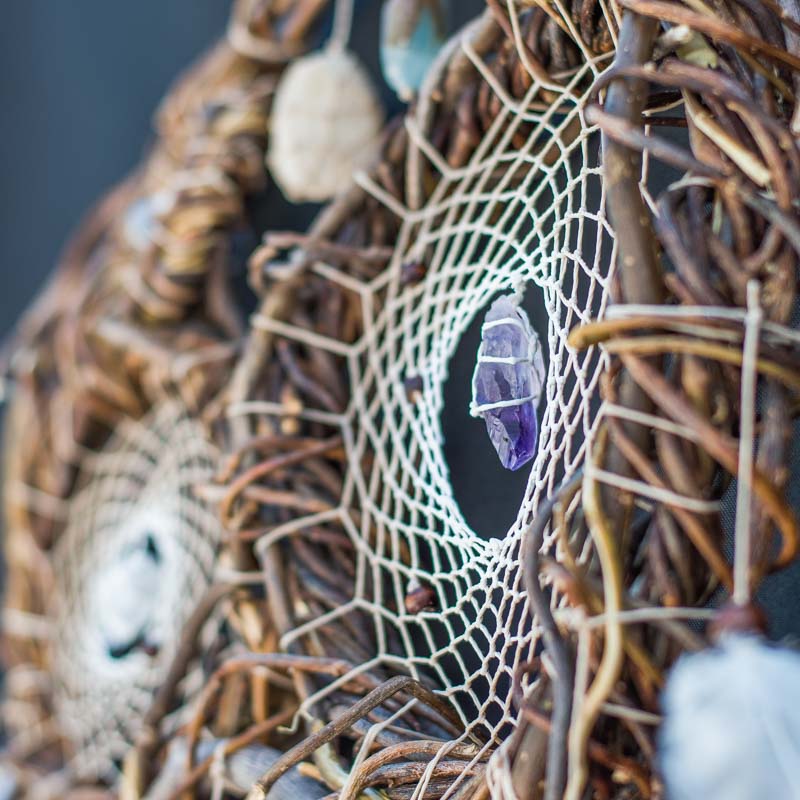 Hag stones dreamcatcher Crystal wall art, Protection crystal Dream catchers for bedroom, Authentic healing stones, Earthy wall art gift - ArMoniZar