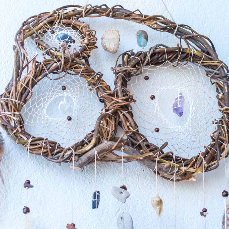 Hag stones dreamcatcher Crystal wall art, Protection crystal Dream catchers for bedroom, Authentic healing stones, Earthy wall art gift - ArMoniZar