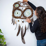 Boho Wall Collage Dreamcatcher – Large Feathered Healing Decor with 12 Gemstones, Organic Tree Branch, Custom Colors, Macramé Art