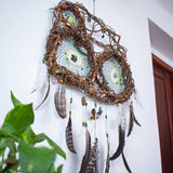 Boho Wall Collage Dreamcatcher – Large Feathered Healing Decor with 12 Gemstones, Organic Tree Branch, Custom Colors, Macramé Art