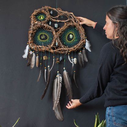 Boho Wall Collage Dreamcatcher – Large Feathered Healing Decor with 12 Gemstones, Organic Tree Branch, Custom Colors, Macramé Art