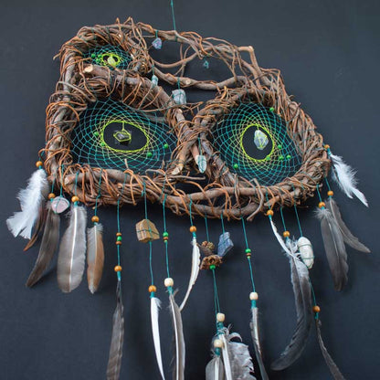 Boho Wall Collage Dreamcatcher – Large Feathered Healing Decor with 12 Gemstones, Organic Tree Branch, Custom Colors, Macramé Art
