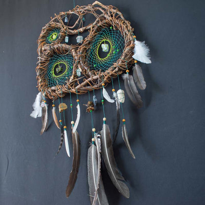 Boho Wall Collage Dreamcatcher – Large Feathered Healing Decor with 12 Gemstones, Organic Tree Branch, Custom Colors, Macramé Art