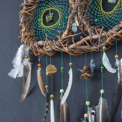 Boho Wall Collage Dreamcatcher – Large Feathered Healing Decor with 12 Gemstones, Organic Tree Branch, Custom Colors, Macramé Art