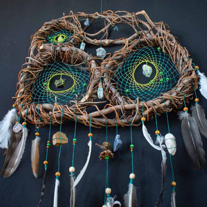 Boho Wall Collage Dreamcatcher – Large Feathered Healing Decor with 12 Gemstones, Organic Tree Branch, Custom Colors, Macramé Art