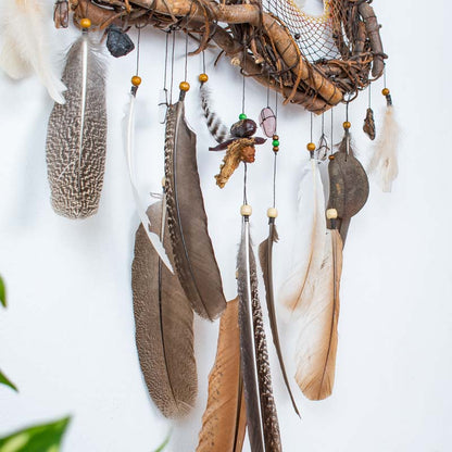 Real Dreamcatcher Medicine – Shamanic Wall Collage with 12 Healing Crystals, Willow Wood Structure, Authentic Ceremony Decor