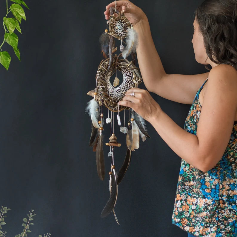 Crystal wall decor hangings dreamcatcher rustic feather mobile, Unique crystal decor dream catcher wood mobile, Healing birthday, Shaman art ArMoniZar