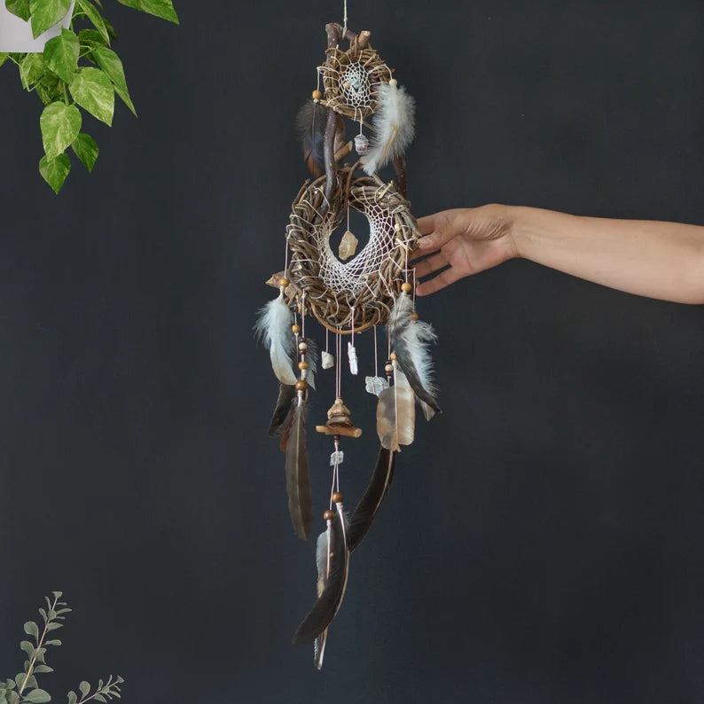 Crystal wall decor hangings dreamcatcher rustic feather mobile, Unique crystal decor dream catcher wood mobile, Healing birthday, Shaman art ArMoniZar