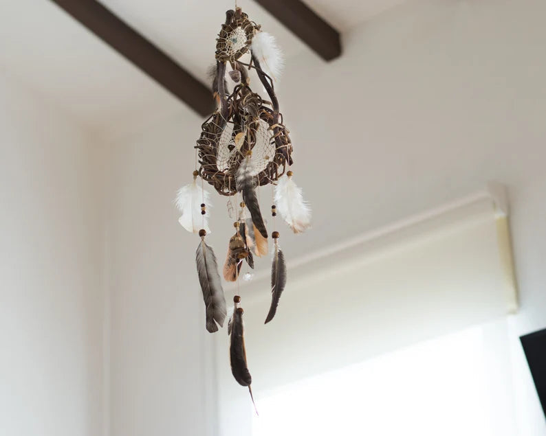 Crystal wall decor hangings dreamcatcher rustic feather mobile, Unique crystal decor dream catcher wood mobile, Healing birthday, Shaman art ArMoniZar