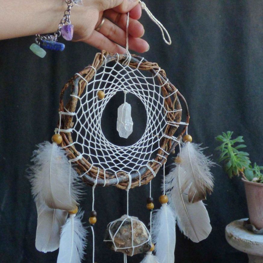Dream catcher white with natural crystals, Amazing handmade native decoration gift ArMoniZar