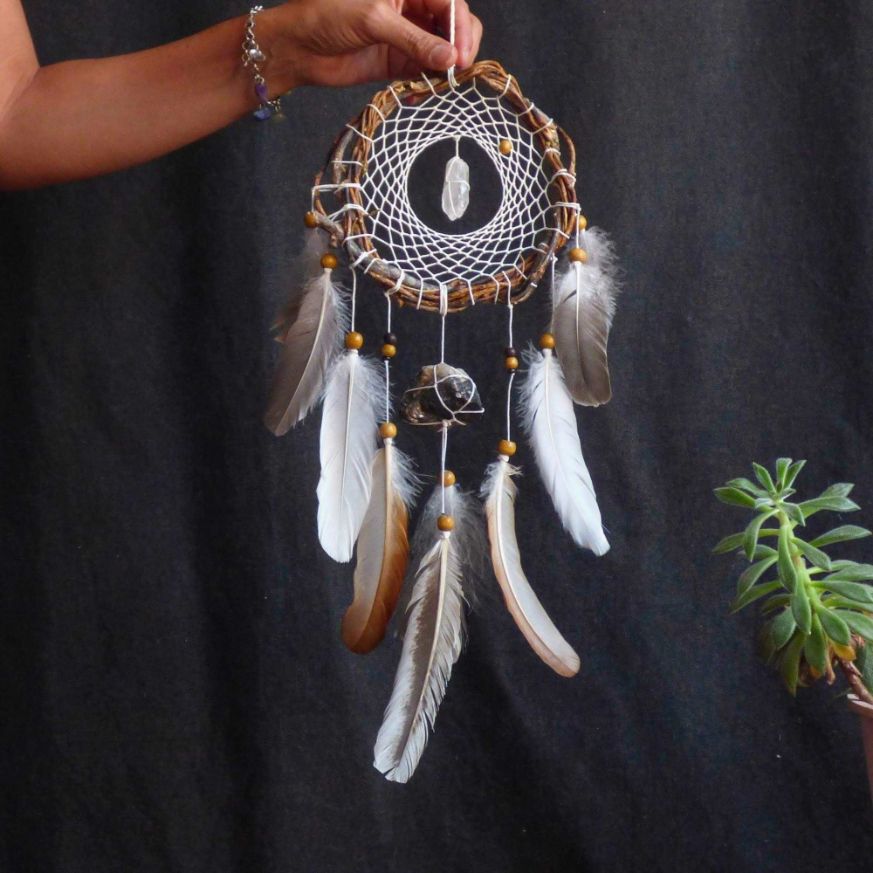 Dream catcher white with natural crystals, Amazing handmade native decoration gift ArMoniZar