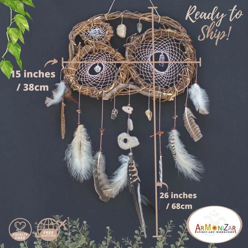 Hag stones dreamcatcher Crystal wall art, Protection crystal Dream catchers for bedroom, Authentic healing stones, Earthy wall art gift ArMoniZar