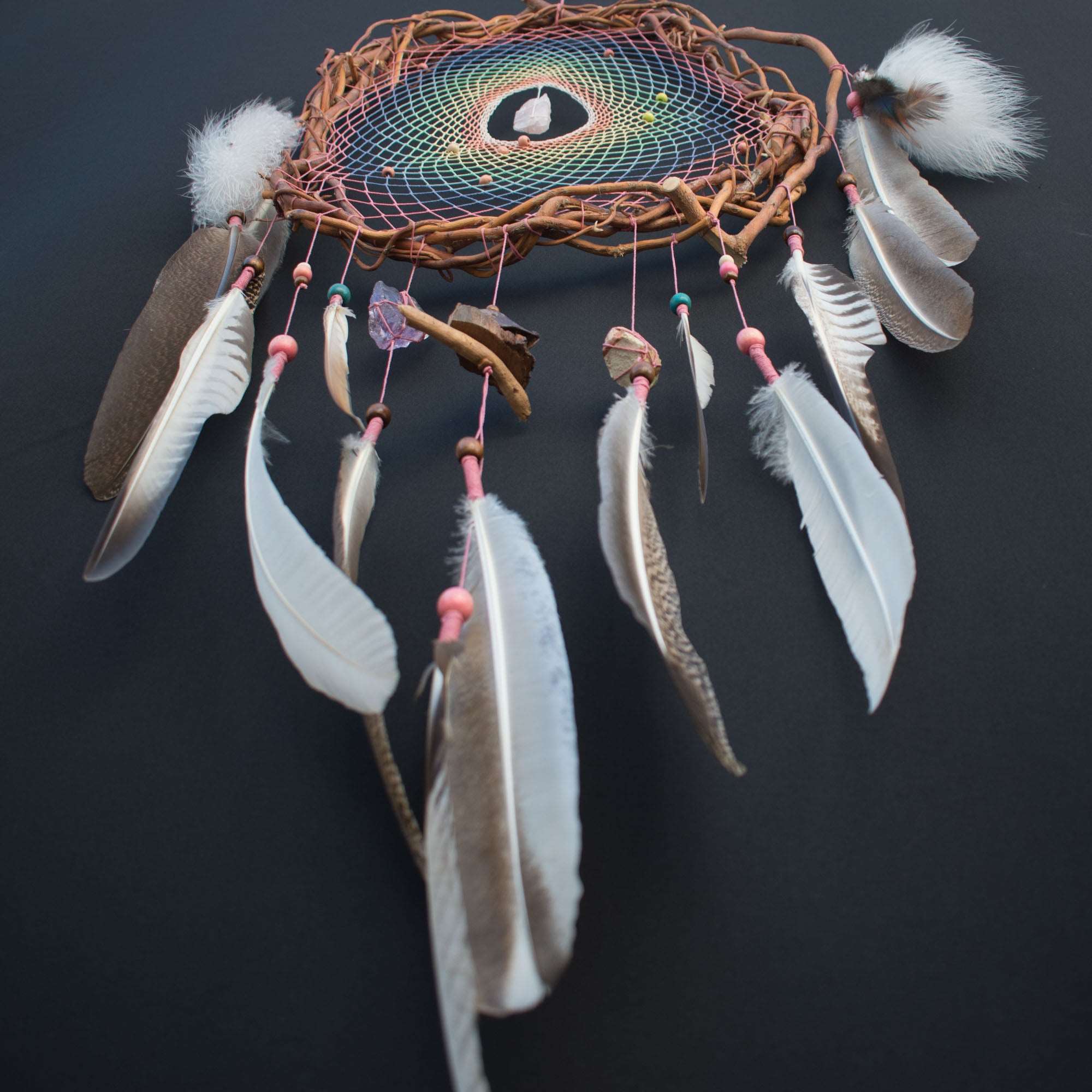 Large Willow Dreamcatcher - Pastel Rainbow Colors with Semi-Precious Stones - Eco-Friendly Feathers - Customizable ArMoniZar