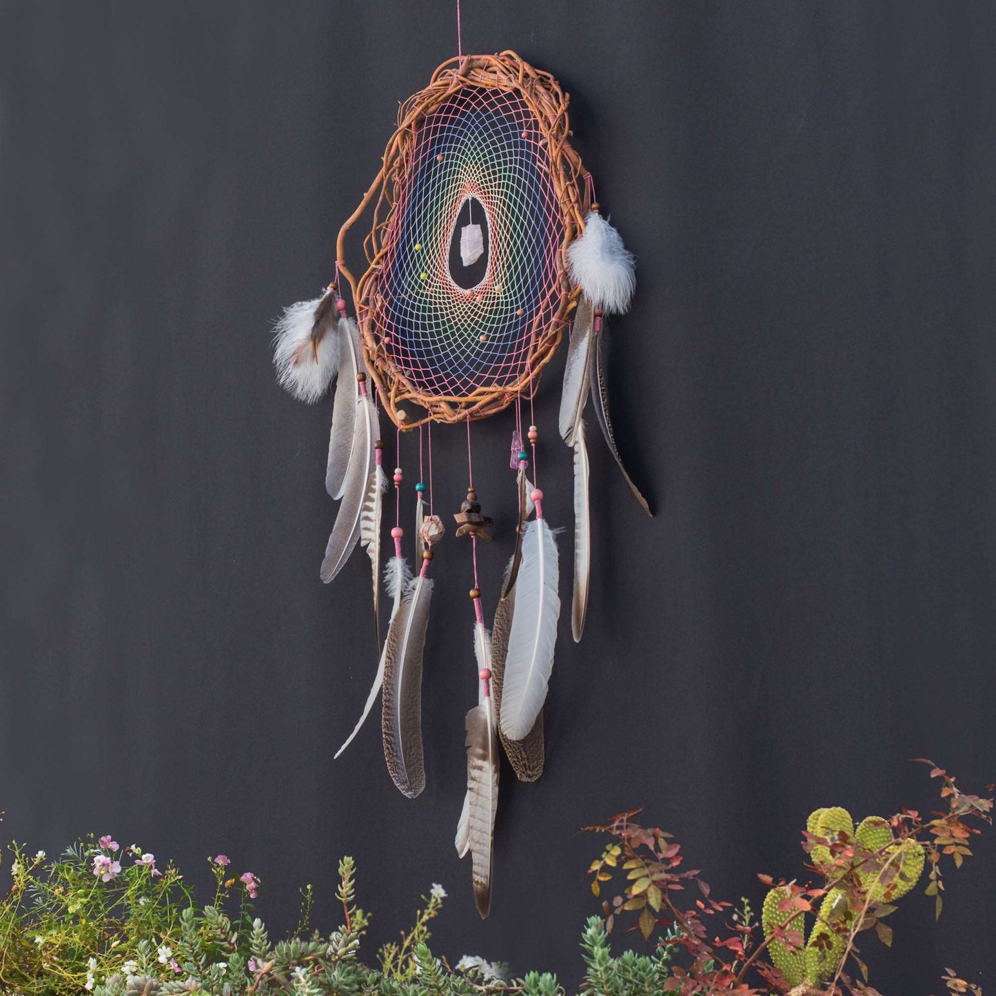 Large Willow Dreamcatcher - Pastel Rainbow Colors with Semi-Precious Stones - Eco-Friendly Feathers - Customizable ArMoniZar