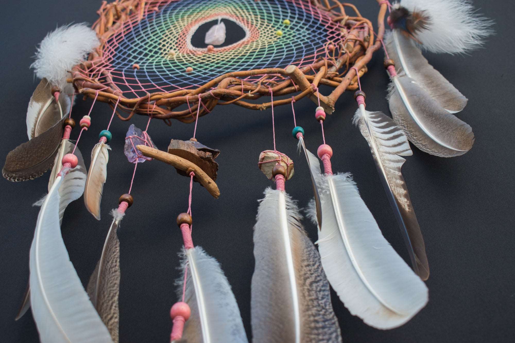 Large Willow Dreamcatcher - Pastel Rainbow Colors with Semi-Precious Stones - Eco-Friendly Feathers - Customizable ArMoniZar