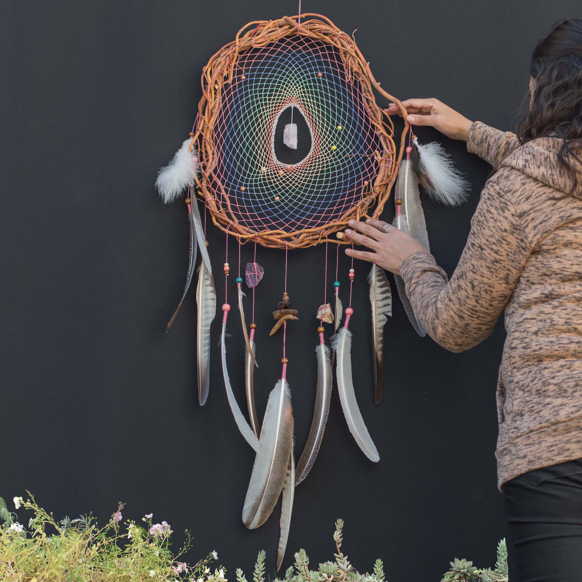 Large Willow Dreamcatcher - Pastel Rainbow Colors with Semi-Precious Stones - Eco-Friendly Feathers - Customizable ArMoniZar