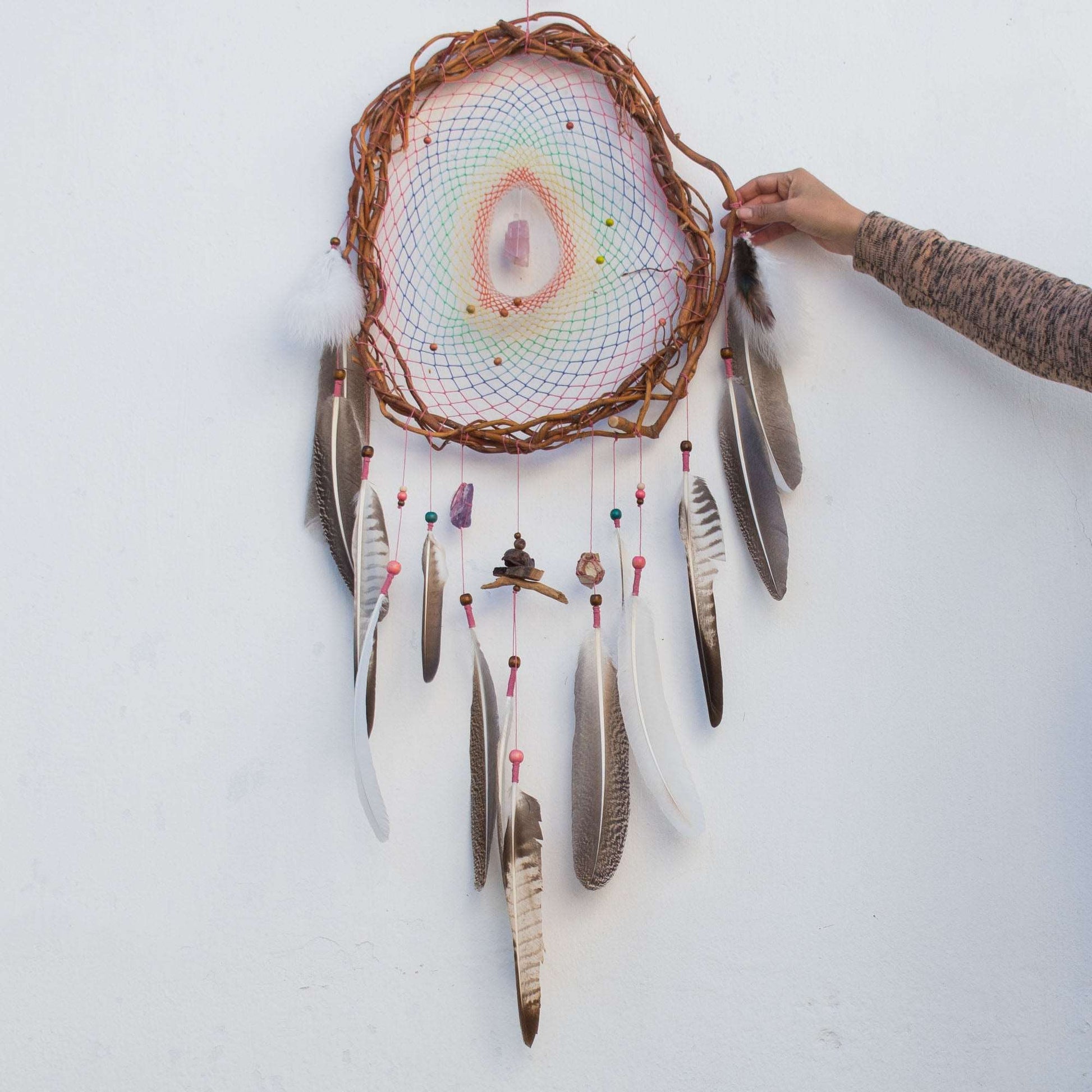 Large Willow Dreamcatcher - Pastel Rainbow Colors with Semi-Precious Stones - Eco-Friendly Feathers - Customizable ArMoniZar