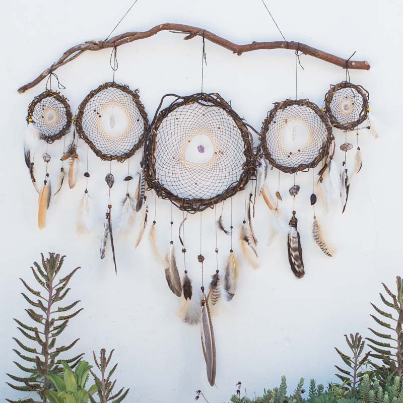 Spiritual Protection Set: 5 brown dreamcatchers with crystals for rustic bedroom decor. Natural gift, shaman healing, witch vibes - ArMoniZar