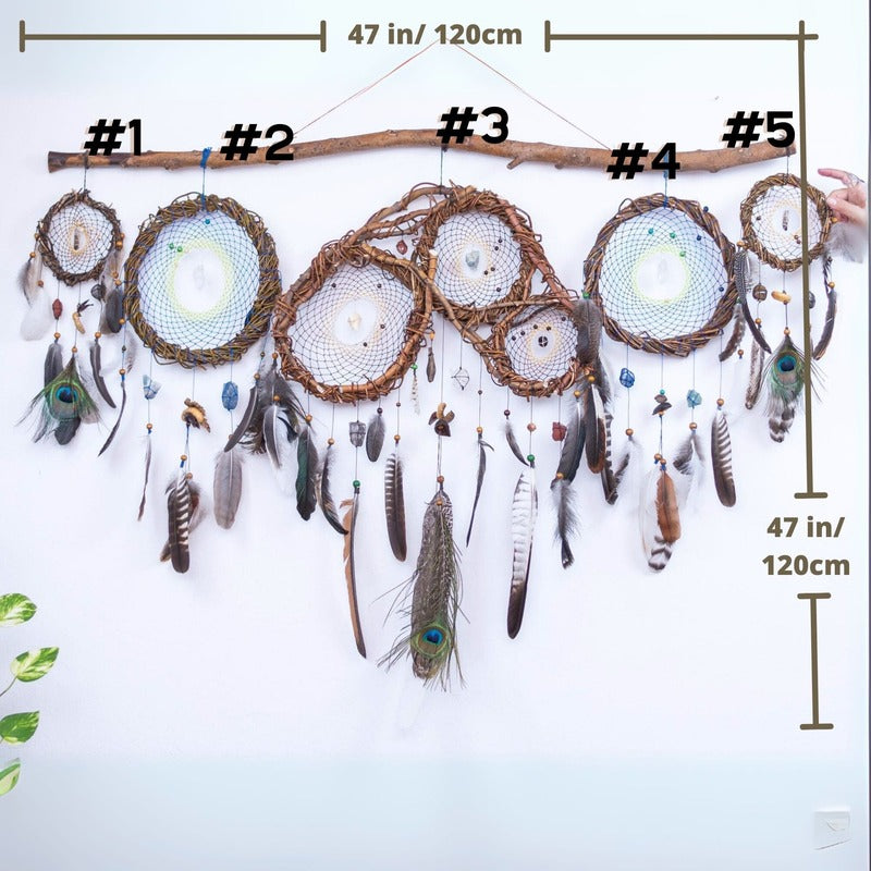 Native-Inspired Dreamcatcher – Handmade Willow for Spiritual Protection - 19 Healing Crystals & Peacock Feathers -Boho Style