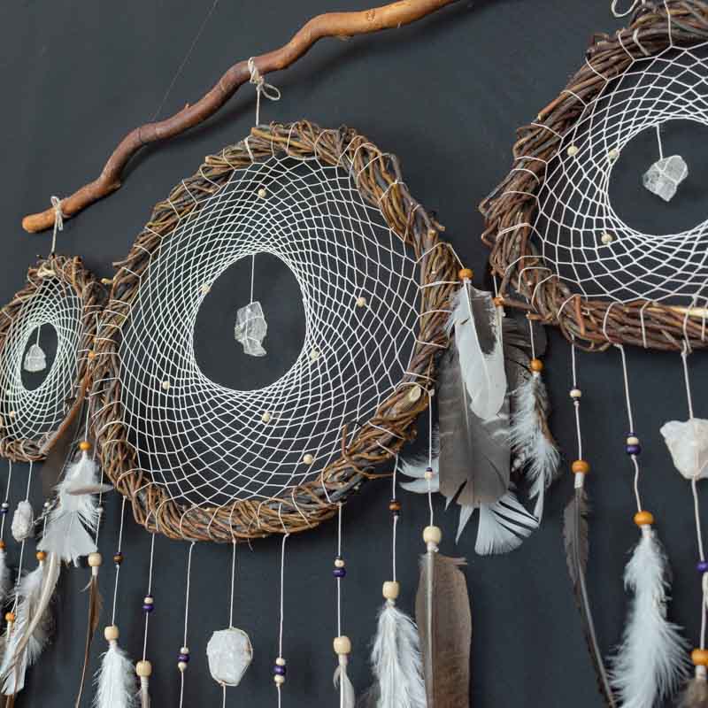 Set of 3 White Dreamcatchers with Natural Quartz – Crystal & White Quartz | Boho Bedroom or Meditation Space Decor for Spiritual Souls